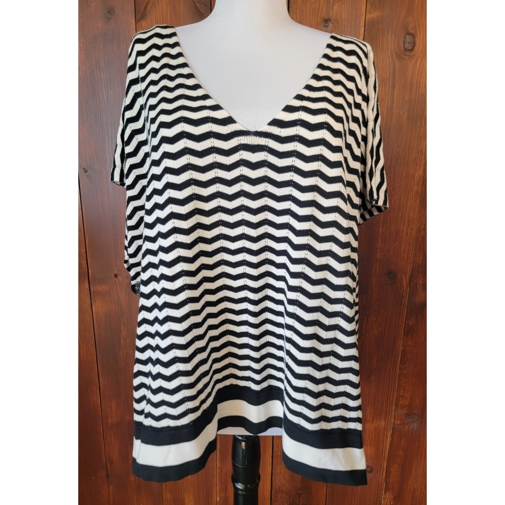 Edinburgh Knitwear Women M Poncho Top Black White Stripe 100% Pima Cotton Iconic